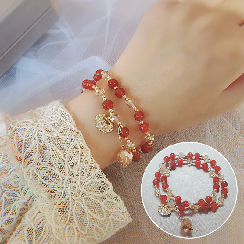 Wholesale Longevity Lock Strawberry Crystal Beaded Bracelet